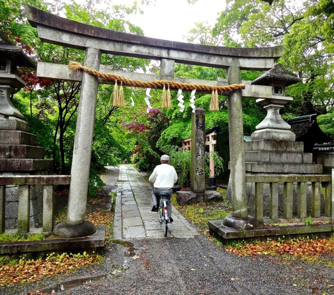 Riding under a tor and into a shrine near the Imperial Palace, a bicyclist makes his way on a drizzly Kyoto spring day.
