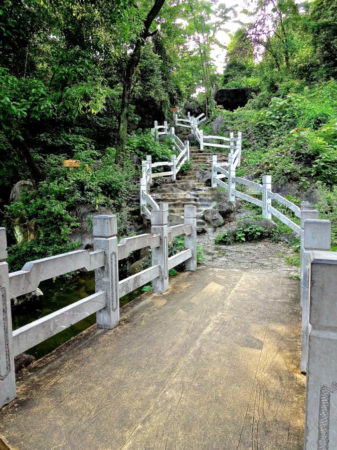 A crooked wooden and stone stairway winds its way up a leafy hill in Guilin.
