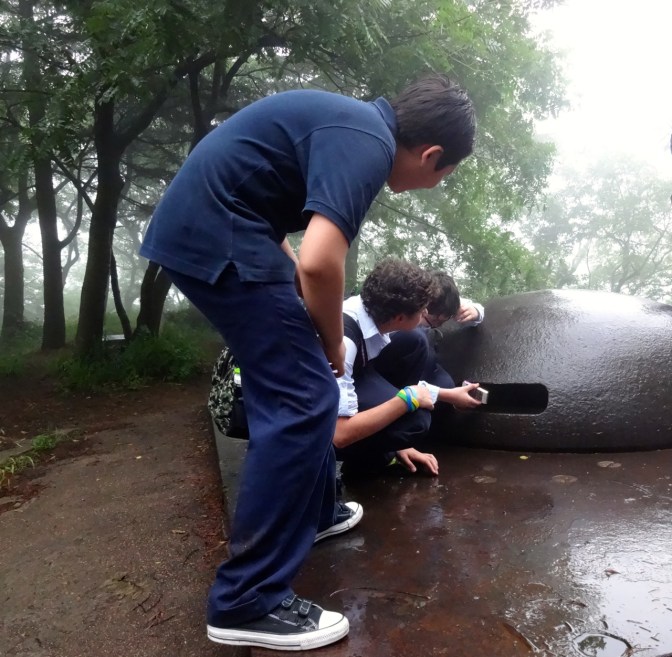 Boys use the lights on their iPhones to peer into the top of the revolving look-out on the German battery.