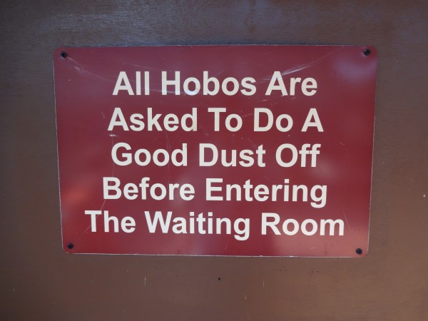 The Hocking Valley Scenic Railway depot features vintage, but tongue-in-cheek signs.